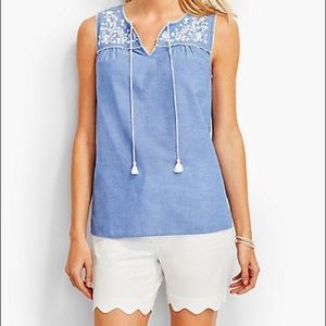 Talbot’s Chambray Embroidered Tassel Top Sz L